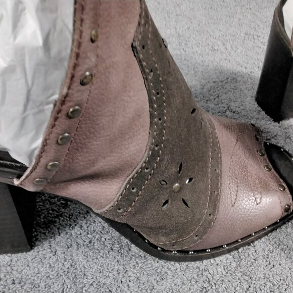 Sbicca Western Peep Toe Heels Size 6 Brown Suede Leather Studded Boho Sandal Nib - Picture 5 of 14